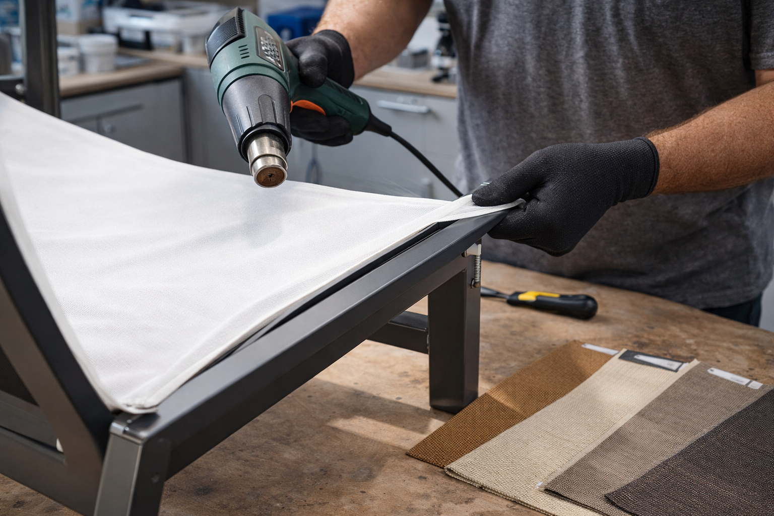 Blog 2 Hampton Bay Sling Replacement technician installing patio chair sling fabric