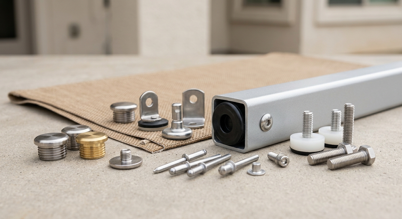 Patio Furniture Hardware: 6 Amazing Upgrades for Ultimate Durability 4 A close-up, detailed shot of various corrosion-resistant Patio Furniture Hardware components (e.g., stainless steel bolts, specialized plastic glides, brass inserts) meticulously arranged on a weather-worn wooden surface, highlighting their robust construction and resistance to outdoor elements.