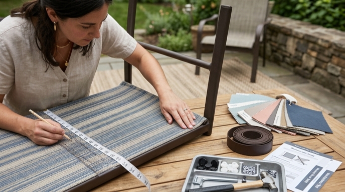 A close-up of hands using a metal tape measure to precisely measure the length of a replacement sling fabric on a workbench, highlighting attention to detail.