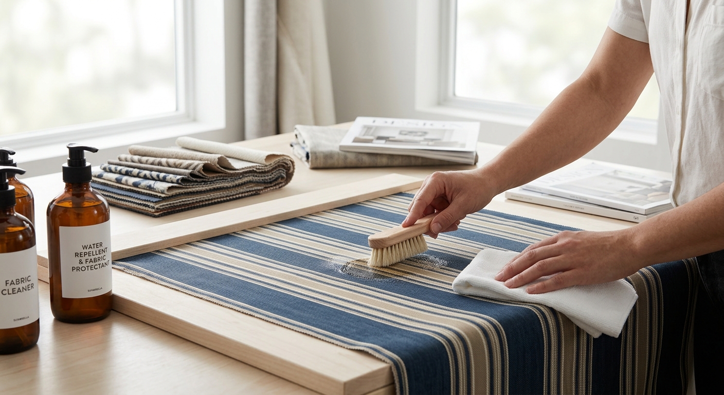Vibrant blue Sunbrella fabric being gently cleaned with a soft brush and soapy water, illustrating effective Sunbrella Fabric Care