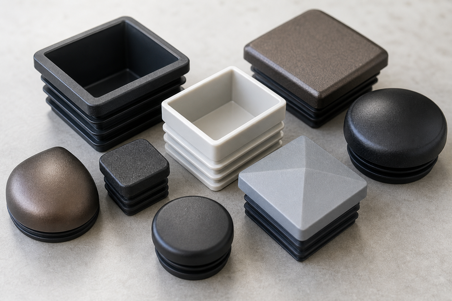 Patio End Caps: 10 Essential Tips for Ultimate Protection 3 Various types of new, clean Patio End Caps arranged neatly on a surface, with a blurred background of patio furniture.