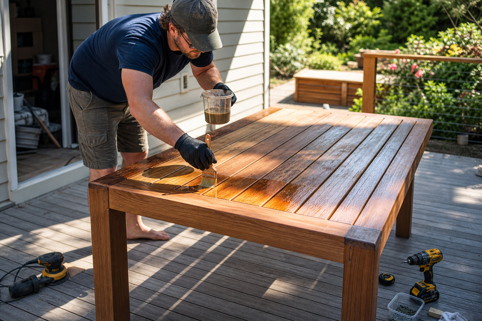 DIY Patio Furniture Tips: 9 Ultimate Secrets for Easy Repair 4 Close-up of hands working on a DIY patio furniture restoration project, showing tools, wood, and a sense of progress. Focus on craftsmanship and detail. Rectangular, 16:9 aspect ratio.