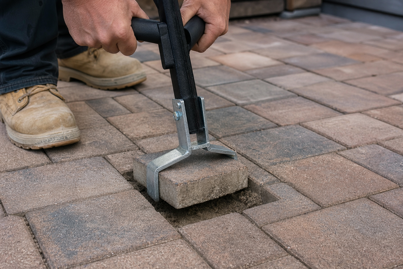 Patio Repair Tools List: 8 Essential Gadgets for... 4 A homeowner wearing safety gloves and glasses, using a jointing iron to finish the joints of a newly repaired patio, showcasing a complete Patio Repair Tools List in use.