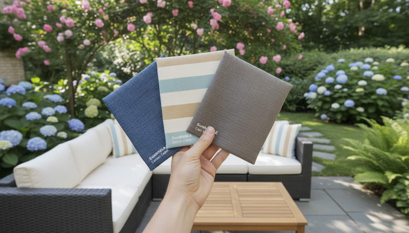 Patio Fabric Samples: 5 Brilliant Ways to Visualize Your... 4 Hands comparing various Patio Fabric Samples for outdoor furniture