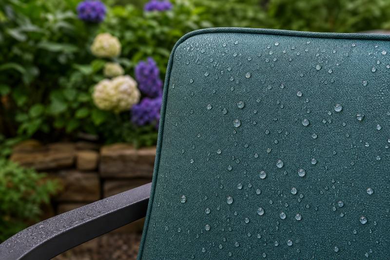 Sunbrella Fabric Benefits: 9 Ultimate Advantages for... 4 Sunbrella Fabric Benefits: Close-up of Sunbrella Fabric Benefits in action: water beading on a cushion, with a background of a sunny deck. Emphasize durability and fade resistance.
