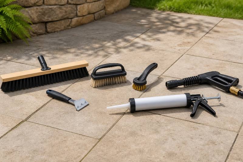 Patio Maintenance Tools: 6 Essential Gadgets for Comfort 3 A collection of essential Patio Maintenance Tools laid out on a clean patio surface, ready for use, conveying outdoor comfort.
