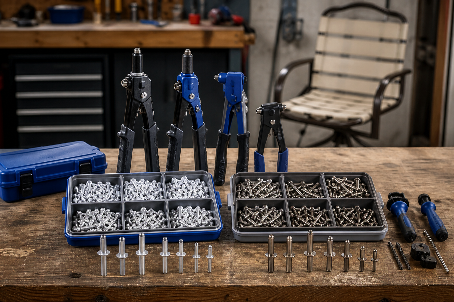 Patio Rivets Comparison: Assortment of aluminum and stainless steel rivets