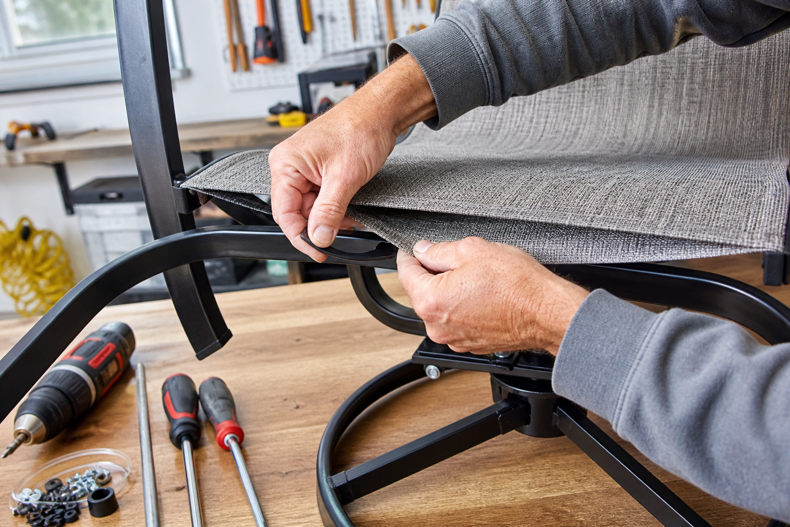 A person carefully performing swivel chair installation, attaching the seat to the base with tools, ensuring a secure fit.