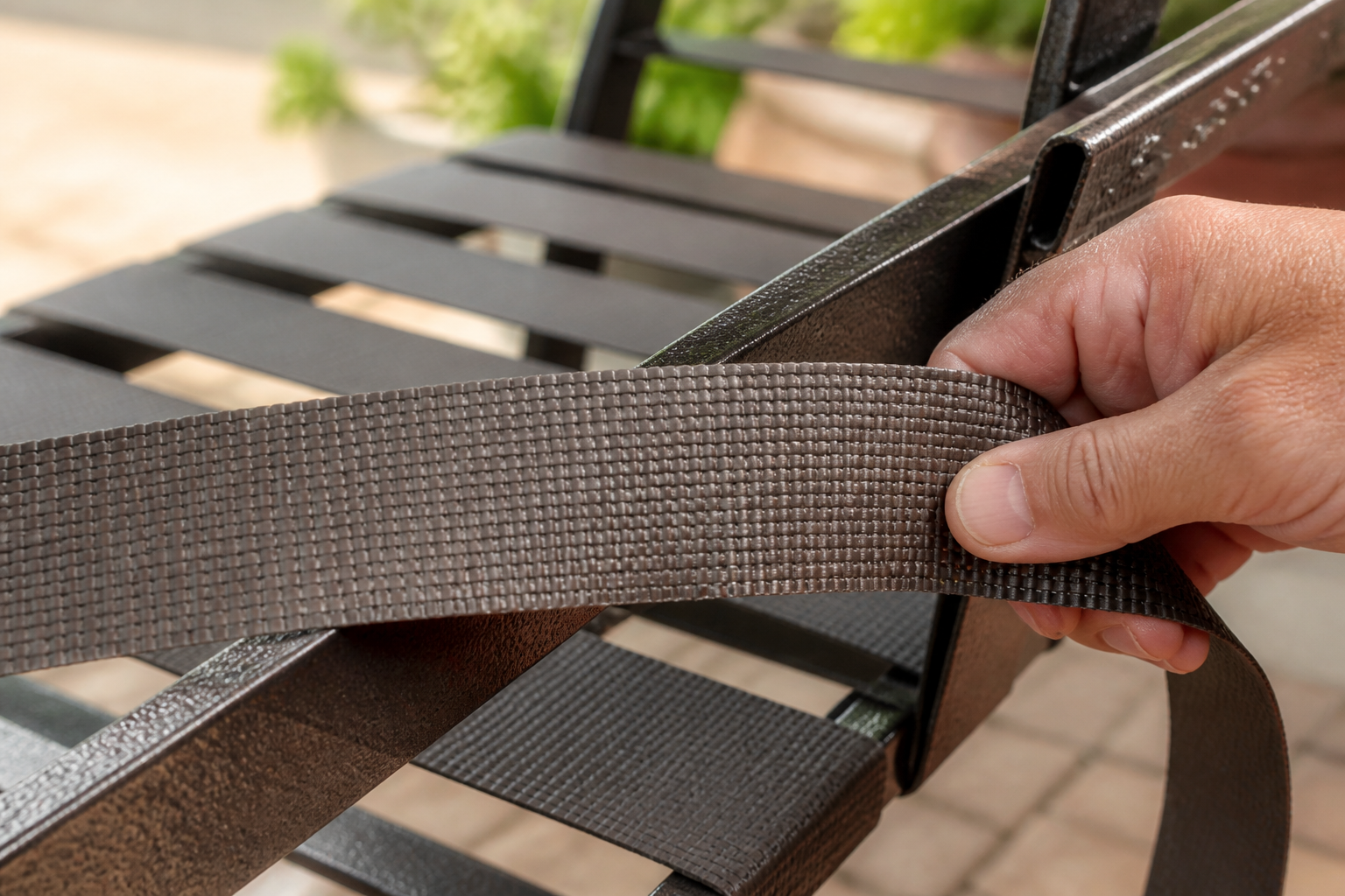 Textured Vinyl Straps: 5 Amazing Ways to Upgrade Your Patio 4 Close-up of Textured Vinyl Straps on outdoor furniture