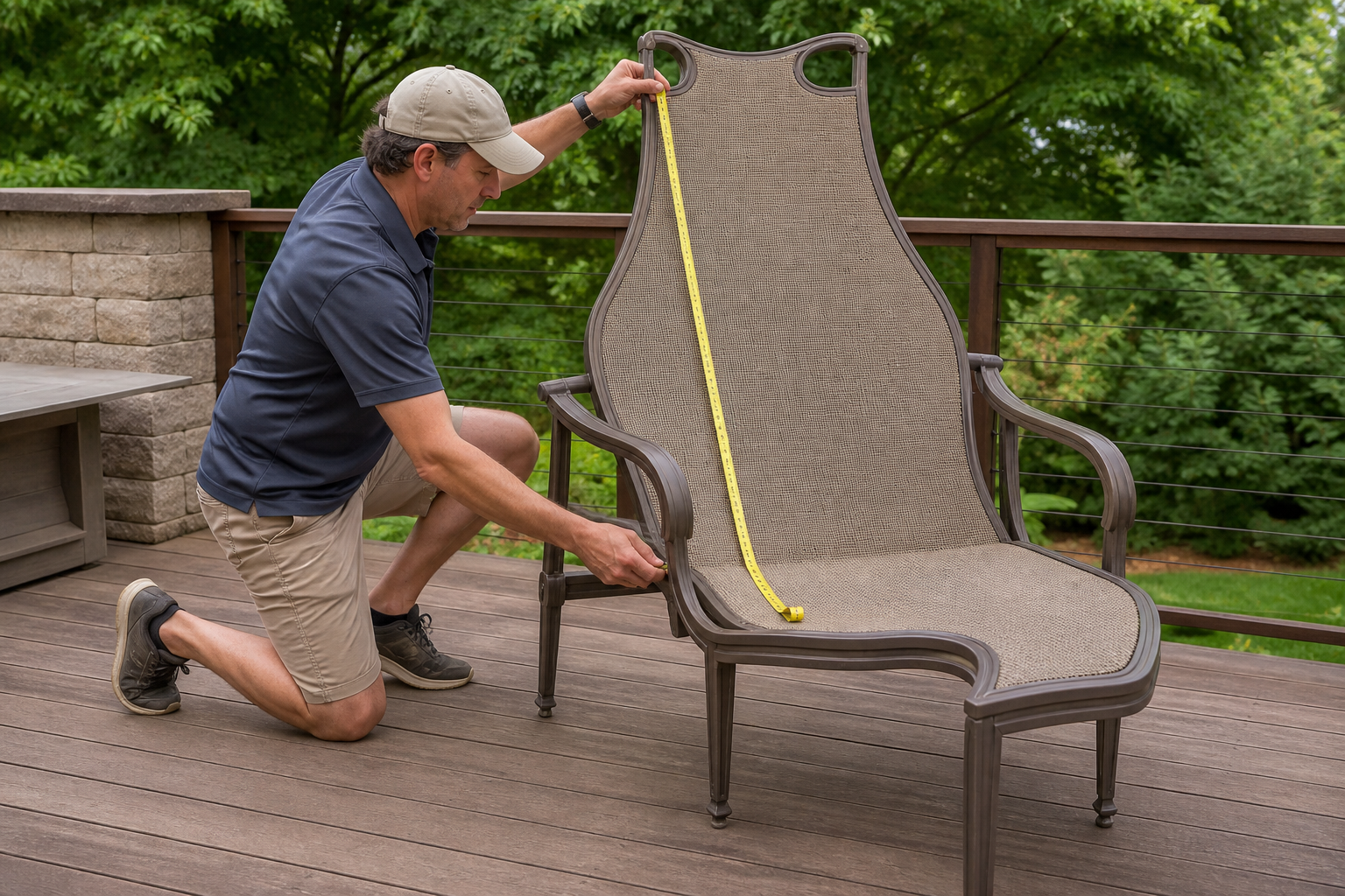 Tricky Sling Measurements: 4 Powerful Secrets for Patio... 4 Tricky Sling Measurements for Patio Furniture: An expert hand demonstrating a tricky sling measurement on a curved piece of patio furniture, using specialized tools, with an emphasis on accuracy and problem-solving. Soft, natural lighting.
