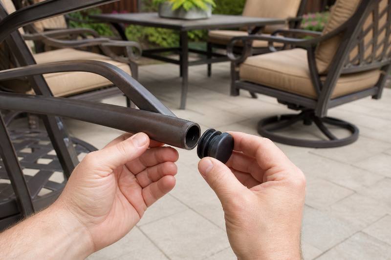 Comparison of a new, robust end cap versus a worn-out, cracked end cap on patio furniture, illustrating the impact of End Cap Longevity.