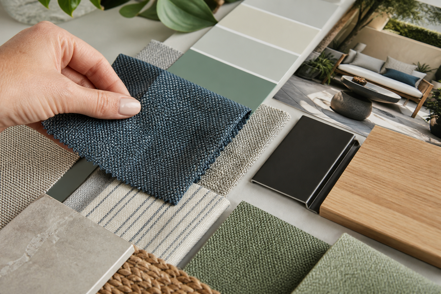 Maximizing Fabric Samples: 7 Proven Ways to Perfect Your... 4 Maximizing Fabric Samples with digital tools, showing a tablet displaying fabric inventory alongside physical swatches