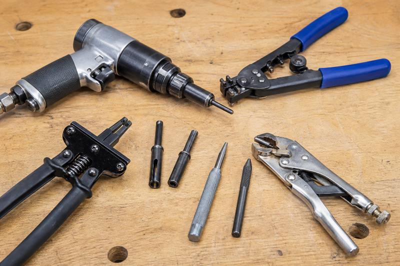 Rivet Removal Tools: 5 Ultimate Secrets for Effortless... 3 A close-up of various Rivet Removal Tools laid out on a workbench, including drill bits, punches, and a small grinder, ready for patio repair tasks.