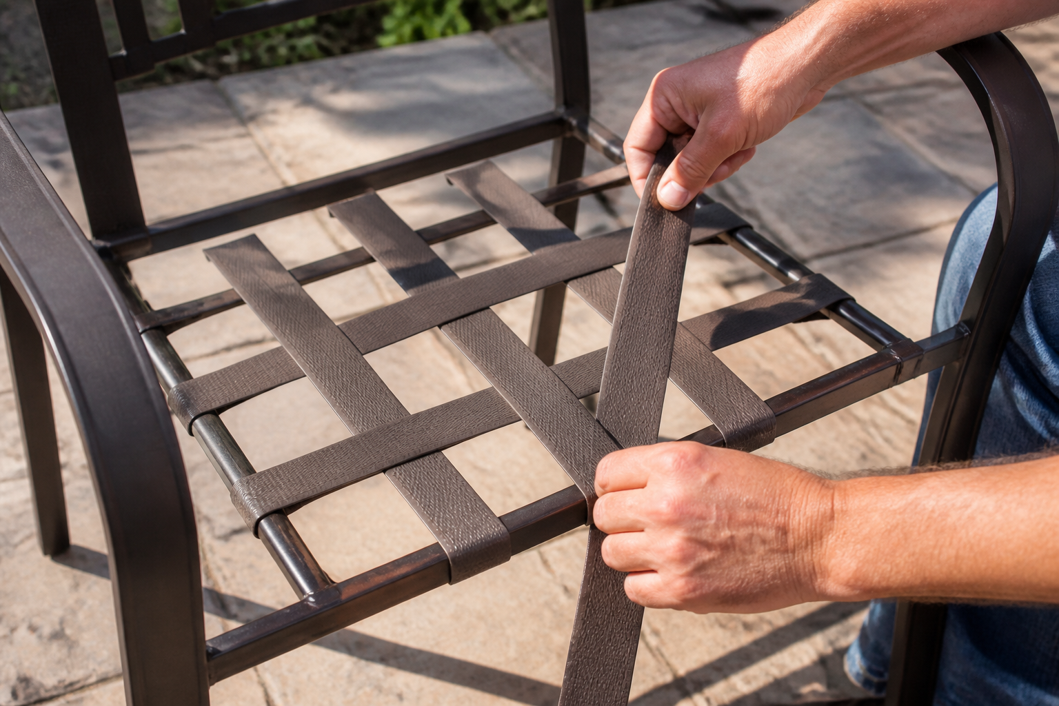A vibrant collection of High Quality Vinyl Straps in various colors, neatly rolled and ready for patio furniture repair.