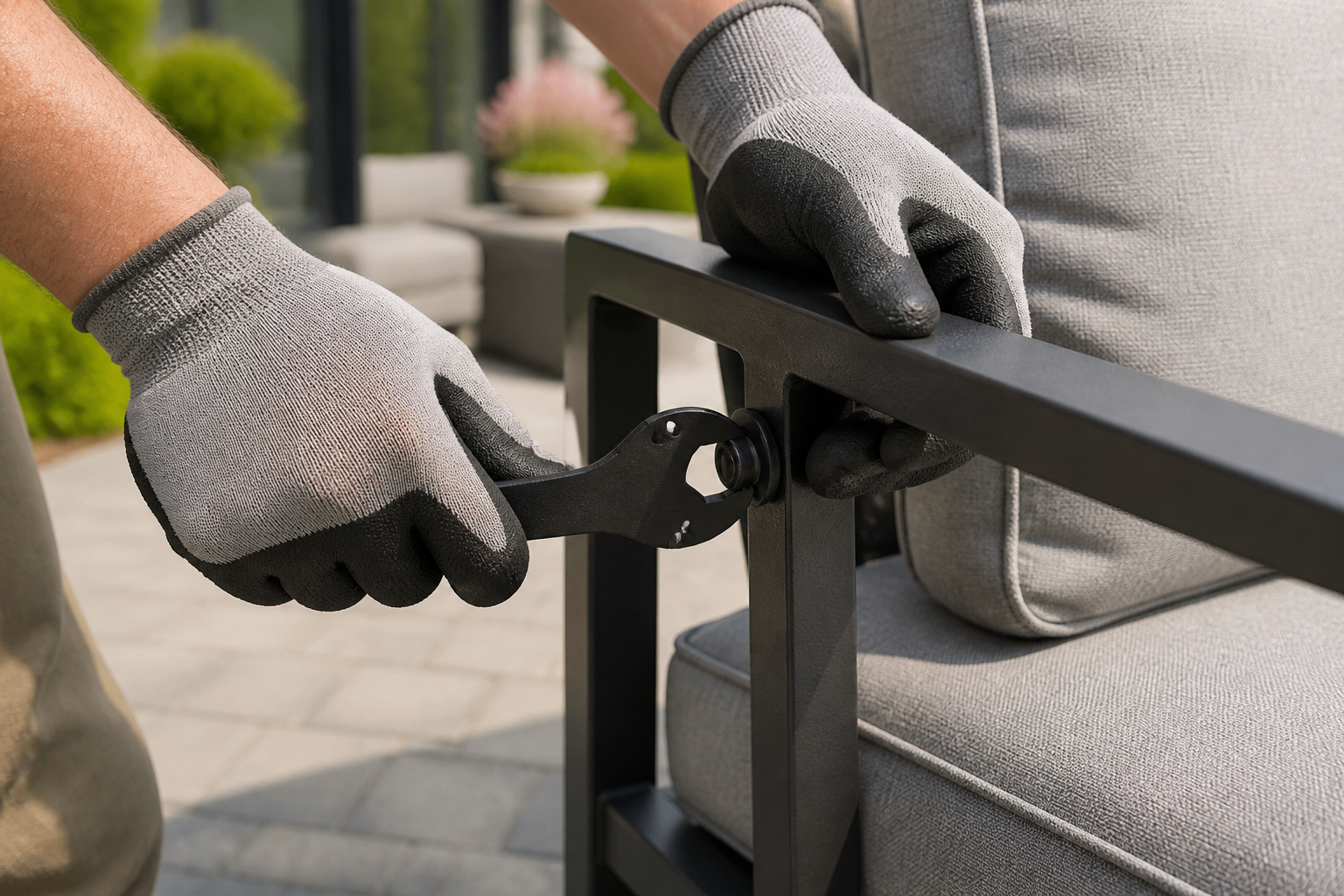 Patio Furniture Wrenches: 5 Ultimate Tools for Secure... 4 Patio Furniture Wrenches: A dynamic shot of hands (wearing light work gloves) using a specific patio furniture wrench to tighten a bolt on a stylish outdoor chair. The setting is a sunny, well-maintained patio with lush greenery. Emphasize precision, ease of use, and the satisfaction of a secure assembly.