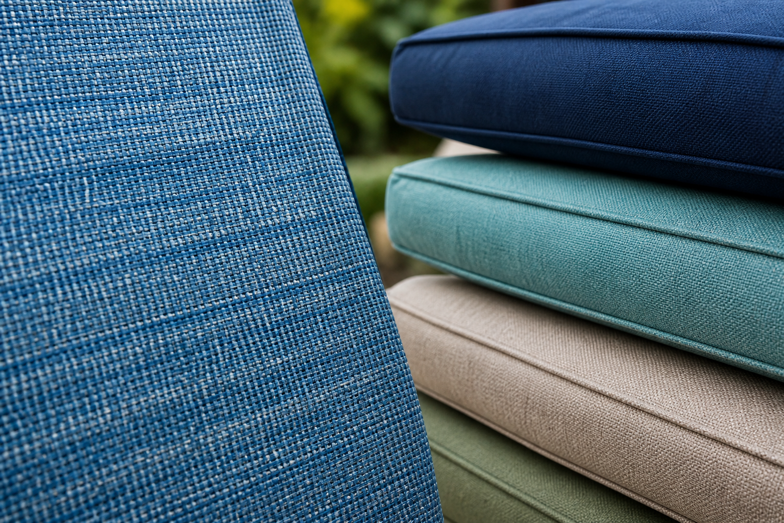 Sling vs Cushion Chairs: 5 Honest, Essential Differences 4 Sling vs Cushion Chairs: Close-up comparison of the materials: on one side, a taut, durable sling fabric (showing texture and weave) being cut and sewn in a workshop, and on the other side, a high-quality, fade-resistant Sunbrella cushion fabric (showing a distinct pattern) by the yard, reflecting the materials American Slings and Patio Supplies offers.