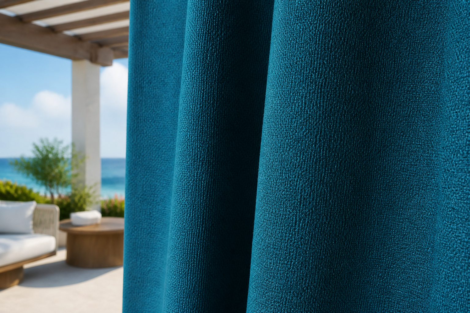 Close-up of Sunbrella upholstery fabric, hinting at DIY potential for Sunbrella Outdoor Curtains.