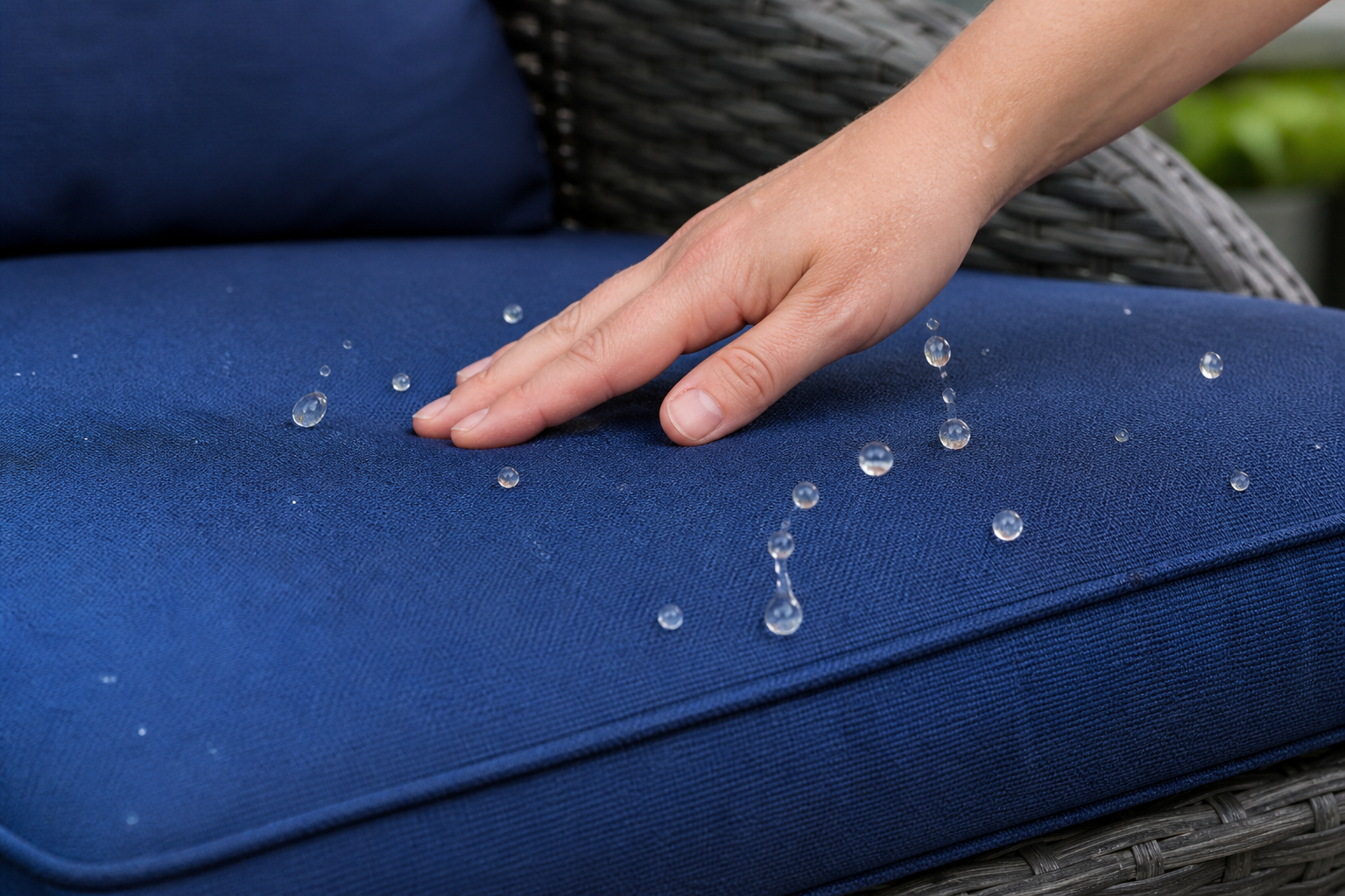 A patio chair featuring durable Sunbrella Rain Upholstery with water beading off its surface, showcasing its waterproof capabilities.