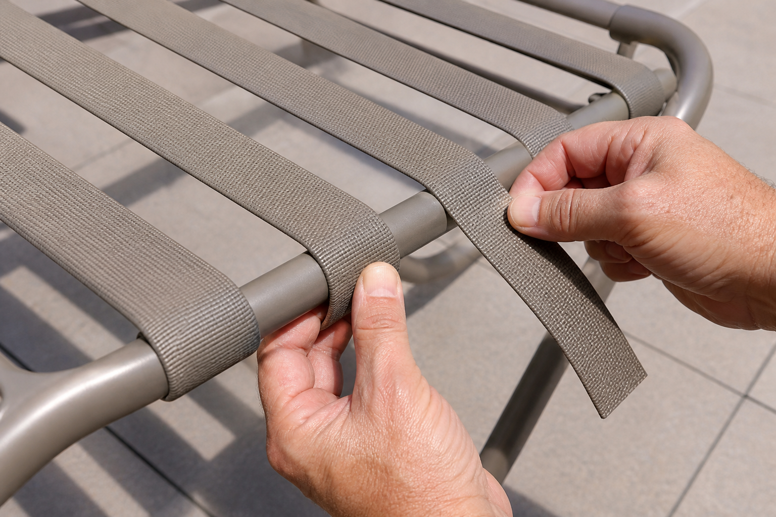 Measuring a Tropitone chaise lounge for replacement straps.